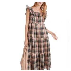 Madewell Plaid Ruffle Sleeve Midi Dress